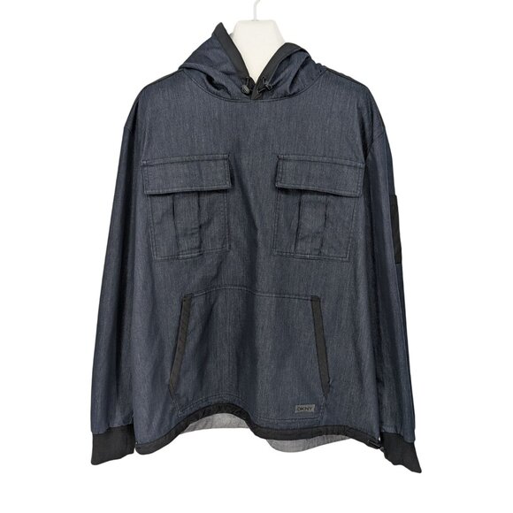 DKNY Hooded Denim Jacket Men Size XXL Cargo Pocket Pullover Streetwear Gorpcore - Picture 1 of 10